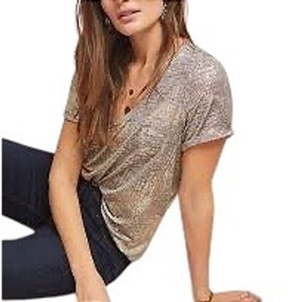 Anthropologie Metallic Gold Foil Scoop Neck Tee Top Gold Plus Size 2X
